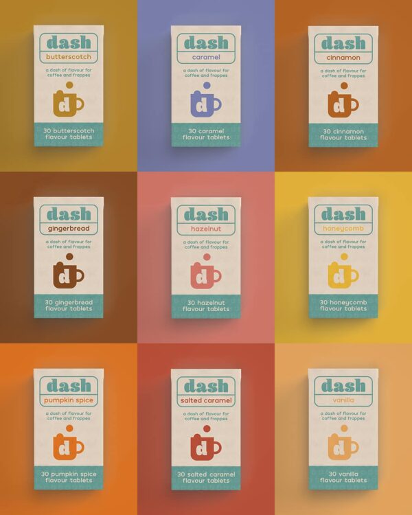 dash flavour tablets range: 9 boxes showing the different flavours